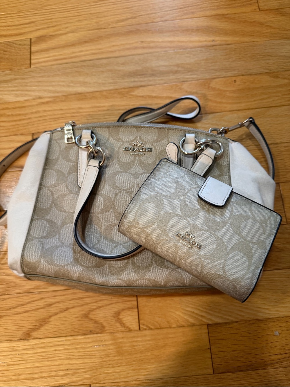 Coach Beige Signature Canvas Satchel with Matching Wallet and Leather Trim